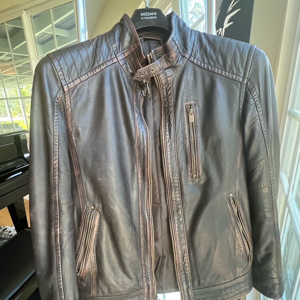 Mint Condition.Lamb Italian Leather.Distressed Brown.Moto Jacket. Original $495